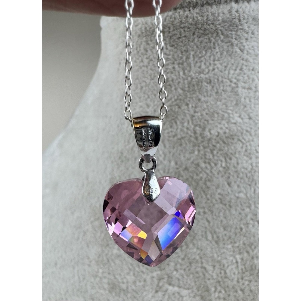 VTG Sterling Silver‎ Faceted Pink Crystal Heart Pendant Necklace 18" Cable Chain